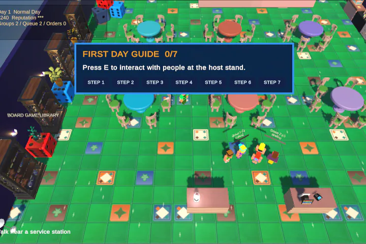 Overhead view of the Meeple & Mug board-game café, showing colourful tables, customers and the First Day Guide.